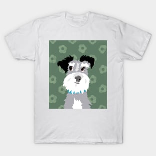 Salt and Pepper Miniature Schnauzer on Green Daisy Background T-Shirt